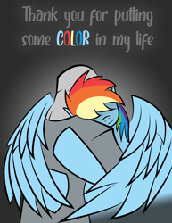 Size: 2550x3300 | Tagged: safe, artist:vareb, rainbow dash, human, pegasus, pony, g4, cute, feels, female, heartwarming, high res, hug, mare, smiling, text, wholesome, winghug, wings