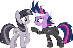 Size: 4096x2687 | Tagged: safe, artist:cloudy glow, artist:wardex101, edit, twilight sparkle, pony, unicorn, g4, it's about time, alternate hairstyle, angry, crying, crylight sparkle, discorded, discorded twilight, duo, duo female, eye contact, eyepatch, female, future twilight, high res, horn, looking at each other, looking at someone, mare, multicolored mane, multicolored tail, open mouth, pointing, purple eyes, raised hoof, self paradox, self ponidox, shocked, simple background, standing, tail, time paradox, transparent background, twilight tragedy, unicorn twilight, vector