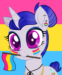 Size: 860x1041 | Tagged: safe, artist:ponyrasmeii, oc, oc only, oc:mellow mocha, pony, unicorn, apron, clothes, commission, ear piercing, earring, eyebrow piercing, eyeshadow, face paint, female, jewelry, makeup, mare, mouth hold, pansexual, pansexual pride flag, piercing, pride, pride flag, solo, ych result
