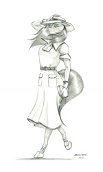 Size: 800x1331 | Tagged: safe, artist:baron engel, octavia melody, earth pony, anthro, unguligrade anthro, g4, clothes, dress, grayscale, hat, monochrome, pencil drawing, purse, simple background, solo, traditional art, white background