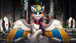 Size: 3000x1687 | Tagged: safe, artist:redchetgreen, oc, oc only, oc:alan techard, pegasus, pony, colored wings, eyebrows, eyebrows visible through hair, grin, heterochromia, high res, looking at you, male, pegasus oc, portal (valve), sitting, smiling, smiling at you, solo, spread wings, stallion, wings