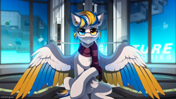Size: 3000x1687 | Tagged: safe, artist:redchetgreen, oc, oc only, oc:alan techard, pegasus, pony, colored wings, eyebrows, eyebrows visible through hair, grin, high res, looking at you, male, pegasus oc, portal (valve), sitting, smiling, smiling at you, solo, spread wings, stallion, wings