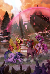 Size: 1640x2400 | Tagged: safe, artist:harwick, fluttershy, pinkie pie, twilight sparkle, oc, alicorn, earth pony, pegasus, pony, unicorn, fanfic:triptych, g4, ruins, twilight sparkle (alicorn)