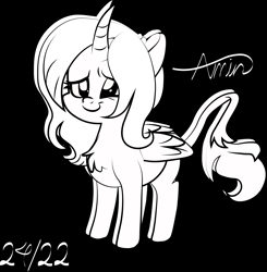 Size: 8245x8397 | Tagged: safe, artist:c.a.m.e.l.l.i.a, oc, unnamed oc, alicorn, pony, black and white, black background, blank flank, cute, digital art, grayscale, monochrome, simple background