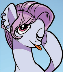 Size: 387x443 | Tagged: safe, idw, official comic, pixie cut (g4), earth pony, pony, g4, spoiler:comic74, cropped, female, mare, one eye closed, solo, tongue out, wink