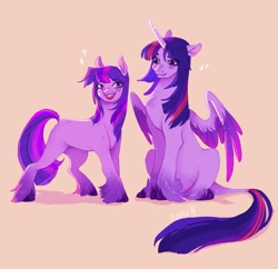 Size: 2164x2099 | Tagged: safe, artist:bonniem_x2, twilight sparkle, alicorn, pony, g4, concept art, curved horn, duality, duo, earth pony twilight, female, g5 concept leaks, high res, horn, mare, markings, open mouth, translated in the description, twilight sparkle (alicorn), unshorn fetlocks