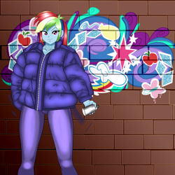 Size: 3000x3000 | Tagged: safe, artist:chuyryu, rainbow dash, equestria girls, g4, clothes, female, graffiti, high res, jacket, looking at you, smiling, smiling at you, solo, spray can