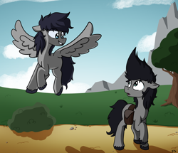 Size: 2364x2031 | Tagged: safe, artist:dark shadow, oc, oc only, oc:dark shadow, oc:flippy, earth pony, pegasus, pony, bag, bush, earth pony oc, eye clipping through hair, flying, grin, high res, looking at each other, looking at someone, mountain, open mouth, pegasus oc, raised hoof, saddle bag, satchel, smiling, spread wings, tree, unshorn fetlocks, wings