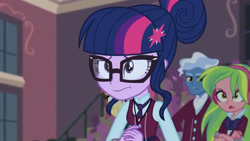 Size: 3410x1920 | Tagged: safe, screencap, lemon zest, pokey pierce, sci-twi, sour sweet, twilight sparkle, equestria girls, g4, my little pony equestria girls: friendship games, canterlot high, clothes, crossed arms, crystal prep academy uniform, female, glasses, high res, male, necktie, open mouth, school, school uniform, schoolgirl, solo focus, uniform, unleash the magic