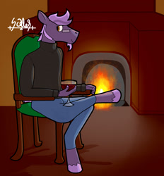 Size: 1188x1280 | Tagged: safe, artist:scales, oc, oc:quarterly review, pegasus, anthro, alcohol, chair, crossed legs, facial hair, fireplace, glass, glasses, goatee, male, pink hair, sitting, solo, wine, wine glass