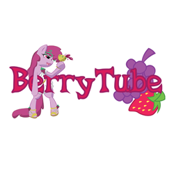 Size: 600x600 | Tagged: artist needed, safe, berry punch, berryshine, earth pony, pony, g4, berrytube, bipedal, clothes, female, mare, open mouth, open smile, simple background, smiling, solo, text, toga, white background