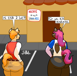 Size: 2048x2000 | Tagged: safe, artist:scales, oc, oc:copper wire, oc:maple donut, hybrid, mule, pegasus, anthro, ass, butt, dialogue, duo, english, facial hair, glasses, goatee, high res, large butt, male, orange hair, parking lot, pink hair