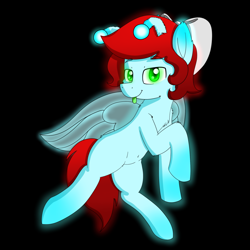 Size: 1160x1160 | Tagged: safe, artist:dark shadow, oc, oc:cherry burst, glowbug, original species, bow, genderfluid, glowing, glowing eyes, glowing fur, glowing mane, green eyes, green tongue, hair bow, nonbinary, red mane, solo, tongue out