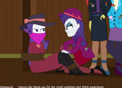 Size: 3500x2500 | Tagged: safe, artist:robukun, rarity, suri polomare, oc, oc:miss rary, oc:rougher, equestria girls, g4, angry, bad end, bondage, bound and gagged, cloth gag, clothes, evil smile, gag, glare, grin, hat, high res, impostor, looking at each other, looking at someone, pole, pole tied, rope, rope bondage, smiling, tied up