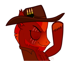 Size: 1293x1100 | Tagged: safe, artist:firehearttheinferno, oc, oc only, oc:lance longmane, pegasus, pony, fallout equestria, fallout equestria: equestria the beautiful, beard, blaze (coat marking), bullet, chest fluff, clothes, coat markings, cowboy hat, cute, cute little fangs, digital art, ear fluff, ear tufts, eyes closed, facial hair, facial markings, fallout equestria oc, fangs, flexing, goatee, hat, hat tip, leaning back, leather, mohawk, muscles, muttonchops, orange eyes, orange mane, pegasus oc, persona, pose, raised hoof, reaction image, red mane, scar, show accurate, simple background, smiling, smug, solo, swag, transparent background, unshorn fetlocks, vest, watermark