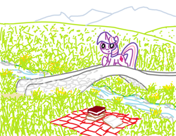 Size: 1288x992 | Tagged: safe, artist:purblehoers, twilight sparkle, pony, unicorn, g4, blanket, book, bridge, female, flower, grass, grass field, hill, looking at you, mare, mountain, ms paint, path, picnic blanket, raised hoof, river, smiling, solo, stone, stream, unicorn twilight, water
