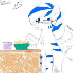 Size: 1000x1000 | Tagged: safe, artist:daringspeed, oc, oc only, oc:light speed, pegasus, pony, bowl, chips, cup, female, food, glasses, looking at you, mare, stripes, table