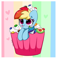 Size: 3886x4060 | Tagged: safe, artist:kittyrosie, part of a set, rainbow dash, pegasus, pony, blushing, cake, chocolate, cupcake pony, cute, dashabetes, food, heart eyes, high res, m&m's, rainbow and cupcakes, rainbow background, simple background, solo, tongue out, whipped cream, wingding eyes