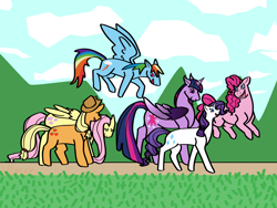 Size: 2160x1620 | Tagged: safe, artist:lyvenex, applejack, fluttershy, pinkie pie, rainbow dash, rarity, twilight sparkle, alicorn, earth pony, pegasus, pony, unicorn, g4, female, group, mane six, mare, pronking, twilight sparkle (alicorn), walking