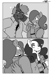 Size: 2100x3150 | Tagged: safe, artist:stormyglaze, big macintosh, fluttershy, rarity, earth pony, pegasus, unicorn, anthro, g4, bisexual, blushing, comic, duo, embarrassed, female, flarimac, flirting, floating heart, grayscale, heart, high res, lesbian, lip piercing, male, mare, missing horn, monochrome, one eye closed, piercing, ship:flarity, ship:fluttermac, shipping, stallion, straight, wingless, wingless anthro, wink