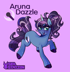 Size: 1440x1470 | Tagged: safe, artist:seasemissary, oc, oc:aruna dazzle, pony, unicorn, female, magical lesbian spawn, mare, offspring, parent:coloratura, parent:princess luna, pink background, simple background, solo