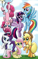 Size: 1200x1855 | Tagged: safe, artist:ronaldhennessy, applejack, fluttershy, pinkie pie, rainbow dash, rarity, twilight sparkle, alicorn, earth pony, pegasus, pony, unicorn, g4, balloon, floating, mane six, party balloon, pinkie being pinkie, then watch her balloons lift her up to the sky, tongue out, twilight sparkle (alicorn), upside down