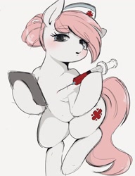 Size: 1575x2048 | Tagged: safe, artist:manachaaaaaaaa, nurse redheart, earth pony, semi-anthro, g4, arm hooves, blushing, female, looking at you, mare, needle, simple background, solo, syringe