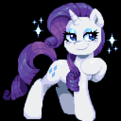 Size: 640x640 | Tagged: safe, artist:hikkage, rarity, pony, unicorn, g4, black background, eyeshadow, female, lidded eyes, makeup, mare, pixel art, simple background, smiling, solo, sparkles