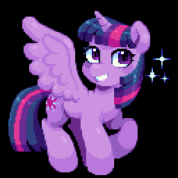 Size: 640x640 | Tagged: safe, artist:hikkage, twilight sparkle, alicorn, pony, g4, black background, female, mare, pixel art, simple background, smiling, solo, sparkles, spread wings, twilight sparkle (alicorn), wings