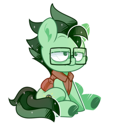 Size: 788x857 | Tagged: safe, artist:yokokinawa, oc, oc:dimbulb, earth pony, pony, chibi, clothes, earth pony oc, glasses, shrunken pupils, simple background, sitting, white background