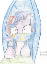 Size: 1403x1903 | Tagged: safe, artist:bluesplendont, starlight glimmer, pony, unicorn, g4, road to friendship, wake up!, blanket, cloth gag, drawing, gag, hammock, over the nose gag, redraw, scene interpretation, solo, starlight's gag, startled, surprised, traditional art, wake up, wat, wide eyes, wtf, wtf face