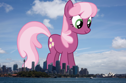 Size: 2107x1393 | Tagged: safe, artist:90sigma, artist:thegiantponyfan, cheerilee, earth pony, pony, g4, australia, city, female, giant pony, giant/macro earth pony, giantess, highrise ponies, irl, looking down, macro, mare, mega giant, photo, ponies in real life, smiling, solo, standing, sydney