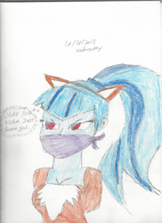 Size: 1700x2338 | Tagged: safe, artist:bluesplendont, sonata dusk, fox, equestria girls, g4, angry, arm behind back, bondage, bound and gagged, cloth gag, clothes, costume, gag, glare, solo, struggling, thinking, thought bubble, thoughts, tied up, traditional art