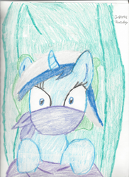 Size: 1700x2338 | Tagged: safe, artist:bluesplendont, minuette, pony, unicorn, g4, blanket, cloth gag, concerned, gag, hammock, over the nose gag, pillow, solo, surprised, traditional art, worried