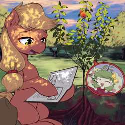 Size: 1043x1043 | Tagged: safe, artist:no_sys, applejack, earth pony, human, pony, g4, apple, apple tree, bedtime story, cute, female, food, humanized, mare, reading, sleeping, tree, tucking in