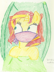 Size: 1377x1835 | Tagged: safe, artist:bluesplendont, sunset shimmer, pony, unicorn, g4, blanket, cloth gag, concerned, gag, hammock, looking at someone, looking at something, over the nose gag, ponified, solo, traditional art, worried