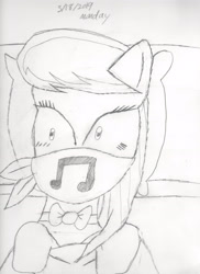 Size: 2088x2872 | Tagged: safe, artist:bluesplendont, octavia melody, earth pony, pony, g4, blanket, cloth gag, gag, high res, over the nose gag, pillow, shocked, shocked expression, solo, surprised, traditional art, wide eyes, wtf, wtf face