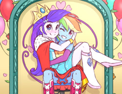 Size: 950x735 | Tagged: safe, artist:raridashdoodles, rainbow dash, rarity, a photo booth story, eqg summertime shorts, equestria girls, g4, anime, balloon, blushing, boots, bridal carry, carrying, chair, clothes, crown, cute, dashabetes, duo, fall formal outfits, female, happy, heart, hug, jewelry, lesbian, looking at someone, looking at you, majestic, majestic as fuck, one eye closed, raribetes, regalia, royalty, schrödinger's pantsu, ship:raridash, shipping, shoes, sleeveless, smiling, throne, wink