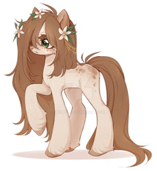Size: 1024x1116 | Tagged: safe, artist:miioko, oc, oc only, earth pony, pony, deviantart watermark, earth pony oc, flower, flower in hair, obtrusive watermark, raised hoof, simple background, solo, watermark, white background