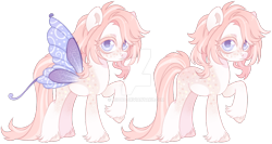 Size: 1024x544 | Tagged: safe, artist:miioko, oc, oc only, pony, butterfly wings, deviantart watermark, duo, obtrusive watermark, raised hoof, simple background, transparent background, watermark, wings