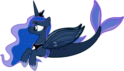 Size: 2177x1250 | Tagged: safe, artist:saphirabjarskular, princess luna, alicorn, merpony, pony, g4, clothes, crown, dorsal fin, ethereal mane, female, fin wings, fins, fish tail, flowing mane, flowing tail, green eyes, hoof shoes, horn, jewelry, mare, mermaid tail, regalia, seaponified, seapony luna, simple background, smiling, solo, species swap, starry mane, tail, transparent background, wings