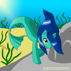 Size: 1220x1220 | Tagged: safe, artist:rinkunokoisuru, oc, oc only, hippocampus, hybrid, merpony, sea pony, seapony (g4), blank flank, blue mane, crepuscular rays, fish tail, flowing mane, flowing tail, male, ocean, red eyes, rock, sand, seaweed, solo, sunlight, swimming, tail, underwater, water