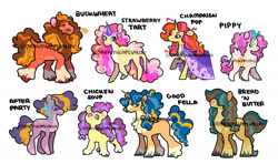 Size: 1600x946 | Tagged: safe, artist:dreamscapevalley, oc, oc only, oc:afterparty, oc:bread n' butter, oc:buckwheat, oc:champaign pop, oc:chicken soup, oc:good fella, oc:pippy, oc:strawberry tart, earth pony, pegasus, pony, unicorn, cape, clothes, female, hair over eyes, jewelry, magical gay spawn, male, mare, offspring, parent:big macintosh, parent:cheese sandwich, parent:marble pie, parent:maud pie, parent:moondancer, parent:pinkie pie, parent:princess cadance, parent:shining armor, parents:cheesearmor, parents:cheesedance, parents:cheesepie, parents:mac n cheese, parents:marblesandwich, parents:maudwich, parents:mooncheese, parents:sugarsandwich, simple background, stallion, straw in mouth, tiara, white background