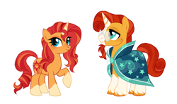 Size: 832x494 | Tagged: safe, artist:deadmouseseverywhere, sunburst, sunset shimmer, pony, unicorn, g4, alternate design, base used, blaze (coat marking), brother and sister, coat markings, duo, facial markings, female, headcanon, male, mare, siblings, simple background, socks (coat markings), stallion, sunny siblings, unshorn fetlocks, white background