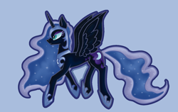 Size: 1546x974 | Tagged: safe, artist:heatherberserker, nightmare moon, alicorn, pony, g4, blue background, female, helmet, hoof shoes, mare, peytral, simple background, solo