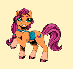 Size: 2428x2302 | Tagged: safe, artist:heatherberserker, sunny starscout, earth pony, pony, g5, bag, female, grin, high res, mare, saddle bag, simple background, smiling, solo, unshorn fetlocks, yellow background