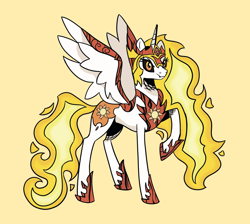 Size: 1902x1701 | Tagged: safe, artist:heatherberserker, daybreaker, alicorn, pony, g4, female, mane of fire, mare, raised hoof, simple background, solo, yellow background