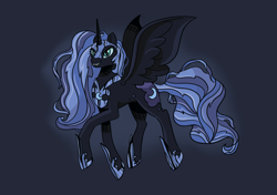 Size: 2480x1748 | Tagged: safe, artist:heatherberserker, nightmare moon, alicorn, pony, g4, alternate hairstyle, blue background, dark background, female, glare, glowing, grin, helmet, hoof shoes, mare, messy mane, peytral, simple background, smiling, smirk, solo, spread wings, wings