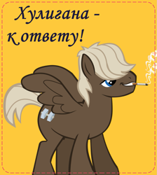 Size: 871x974 | Tagged: safe, artist:bodyashkin, edit, edited screencap, screencap, dumbbell, pegasus, pony, g4, sonic rainboom (episode), cigarette, cigarette smoke, cyrillic, propaganda, russian, short tail, simple background, smoking, smug, solo, soviet, tail, translated in the description, vector, yellow background