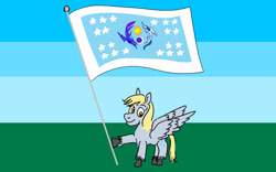 Size: 1024x640 | Tagged: safe, artist:horsesplease, derpy hooves, princess celestia, princess luna, g4, equestria, flag, flag of equestria, happy, smiling, stars
